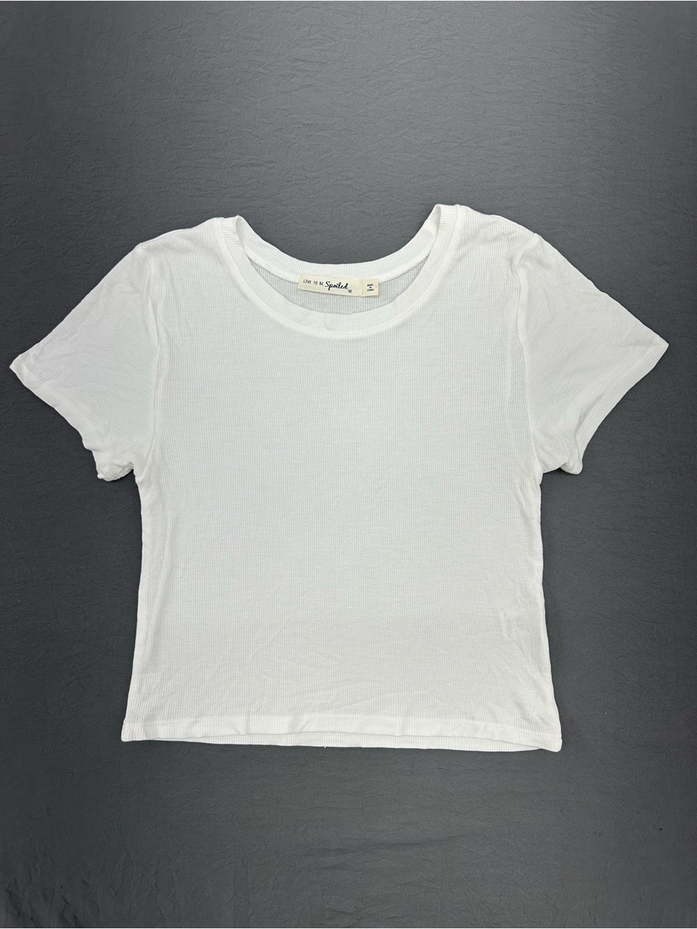 Live To be Spoiled White Short Sleeve Ribbed Crewneck Tee